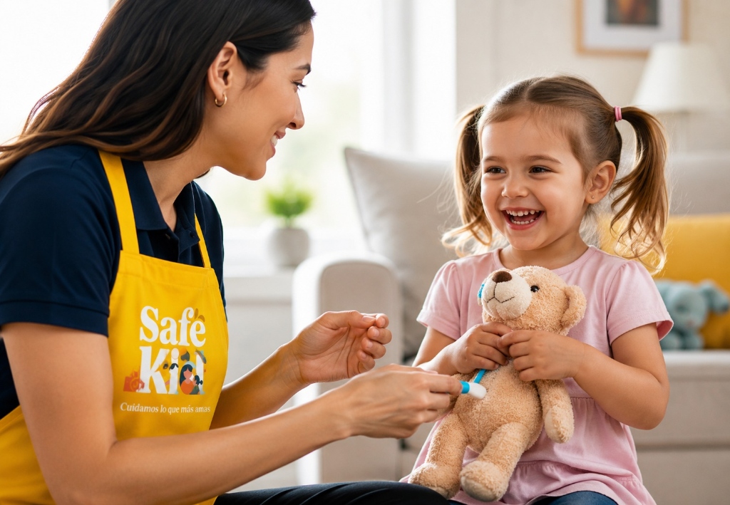 Niñera y niña con osito de peluche