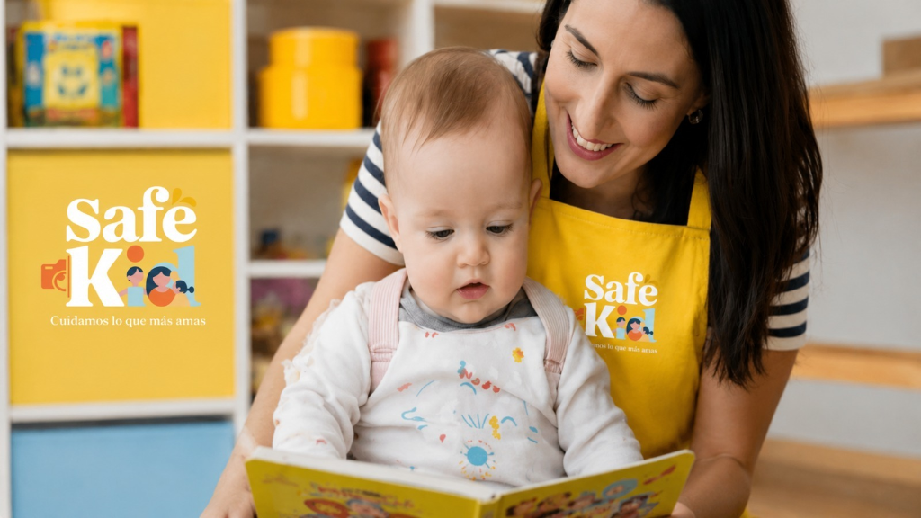 Niñera y bebé leyendo un libro